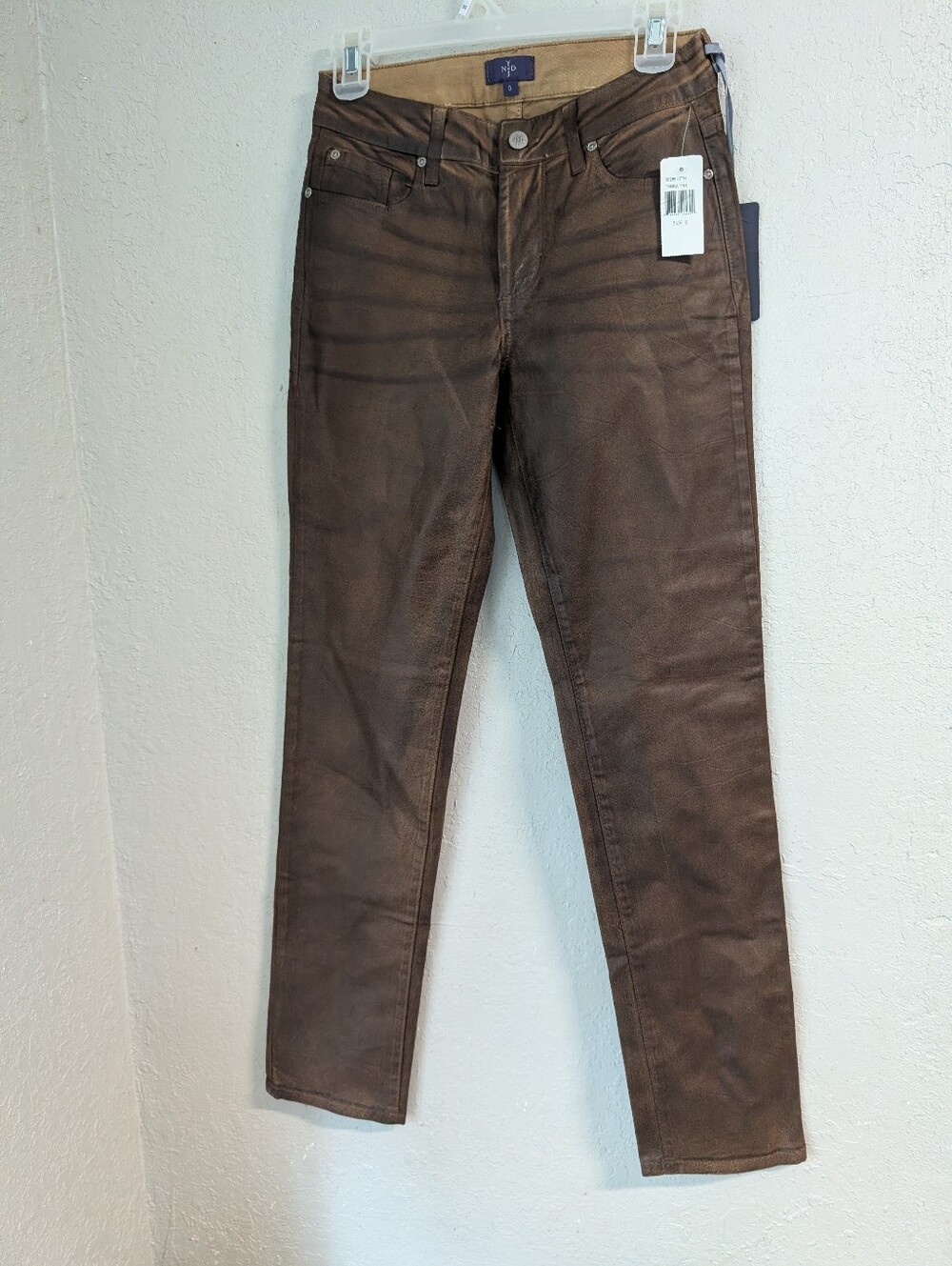 NYDJ Skinny Jeans Brown Faux Leather Look Mid Rise Indie Sleaze Boho Cottage NWT